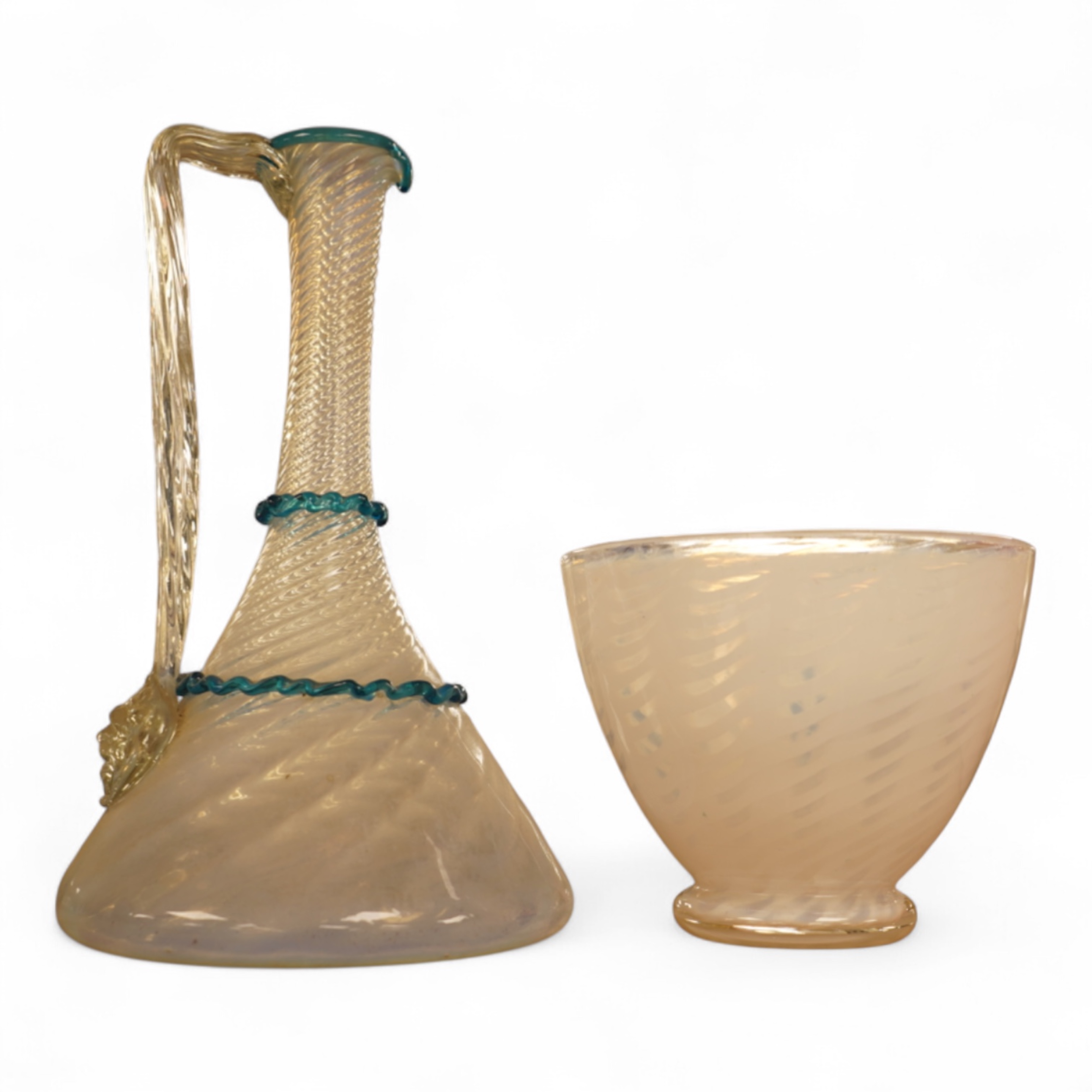 An opalescent white threaded glass bowl by William Butler for James Powell, together with Murano glass jug- 21.5cm high.